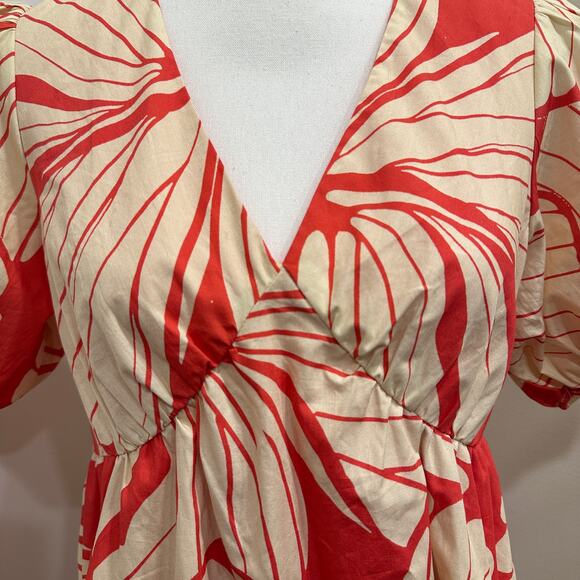 Hutch Coral Plumeria Print Puff Sleeve Tiered V-Neck Mini Dress Preppy Coastal - Picture 8 of 13